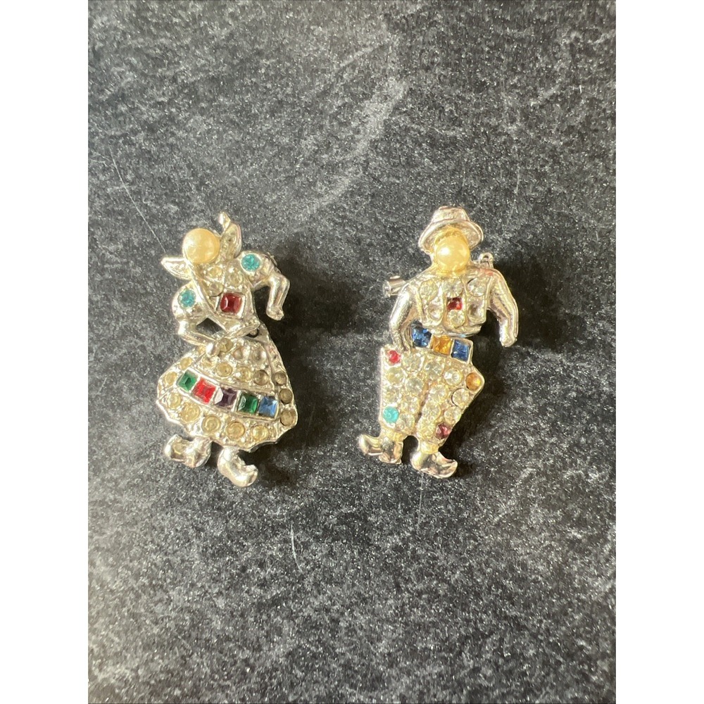 Pair Of Vintage Dutch Figural Brooch Rhinestone Pearl Articulated Pins